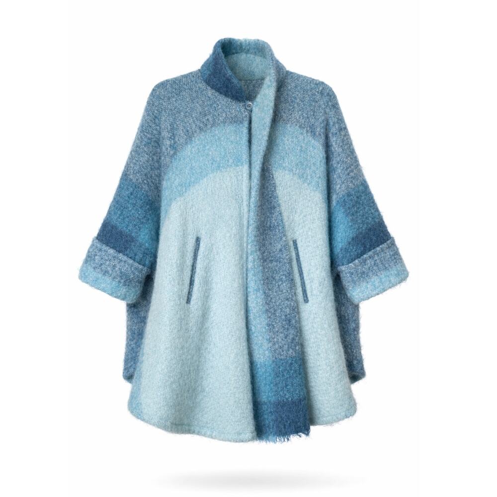 Vintage Donegal Design Mohair Wool Cape Blue Ombre Ruana with Scarf